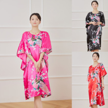 外贸大码孔雀睡裙女夏季印花丝绸睡袍宽松休闲家居服酒店浴场