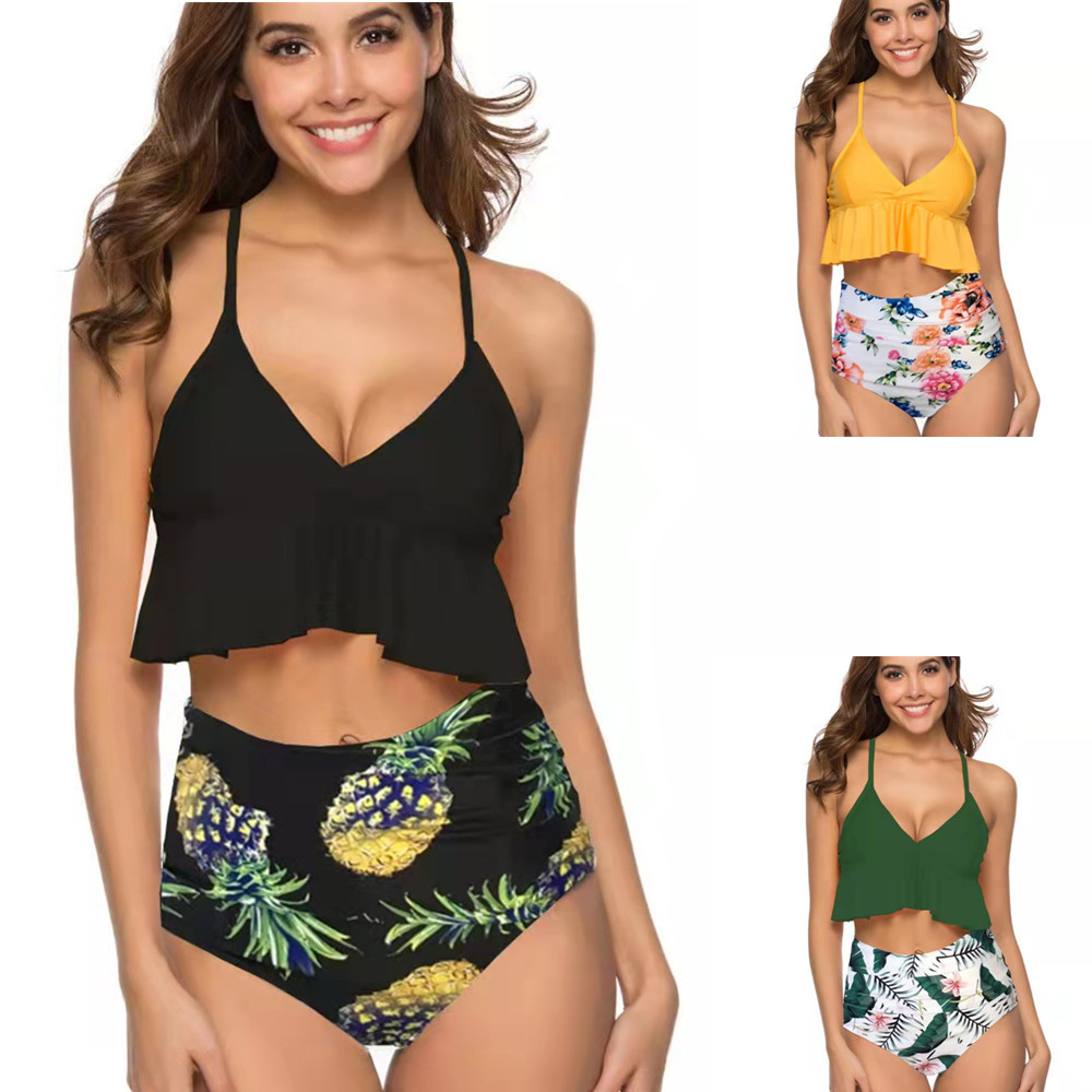 Conjunto de traje de baño de cintura alta con estampado de costuras en color liso y cinturón fino NSVNS117421