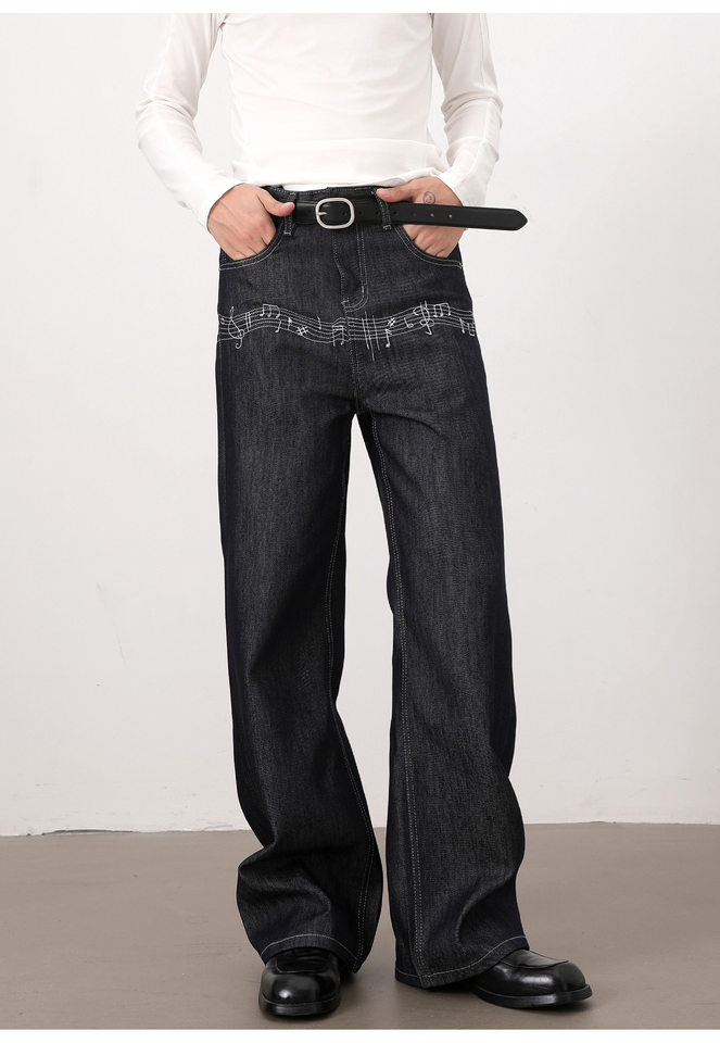 Quần jeans nam màu nguyên bản thêu họa tiết nốt nhạc phong cách retro, dáng cleanfit ống rộng suông chữ A — Xanh nguyên bản chi tiết 14