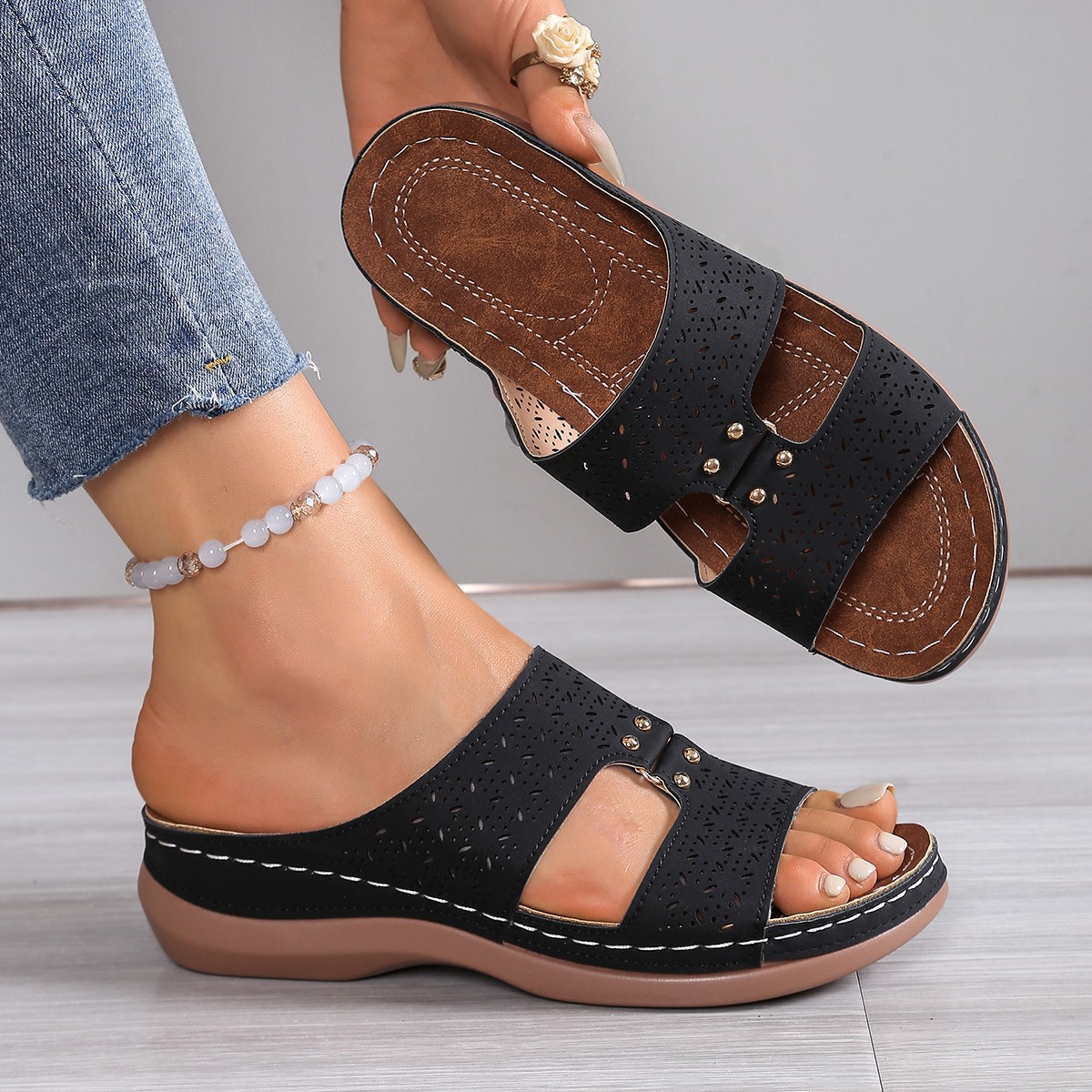 Sandalias de cuña wish amazon para mujer 2025 verano nuevo estilo comercio exterior gran tamaño casual una palabra sandalias romanas huecas