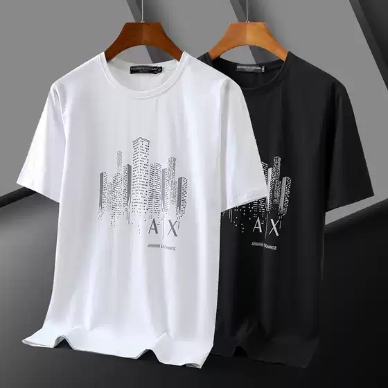 Foreign Trade Pure Cotton Explosions High-end Printing Craft Pull Rack Pure Cotton Round Neck T-Shirt Large Size Ice Porcelain Cotton Short Sleeve T-Shirt 024