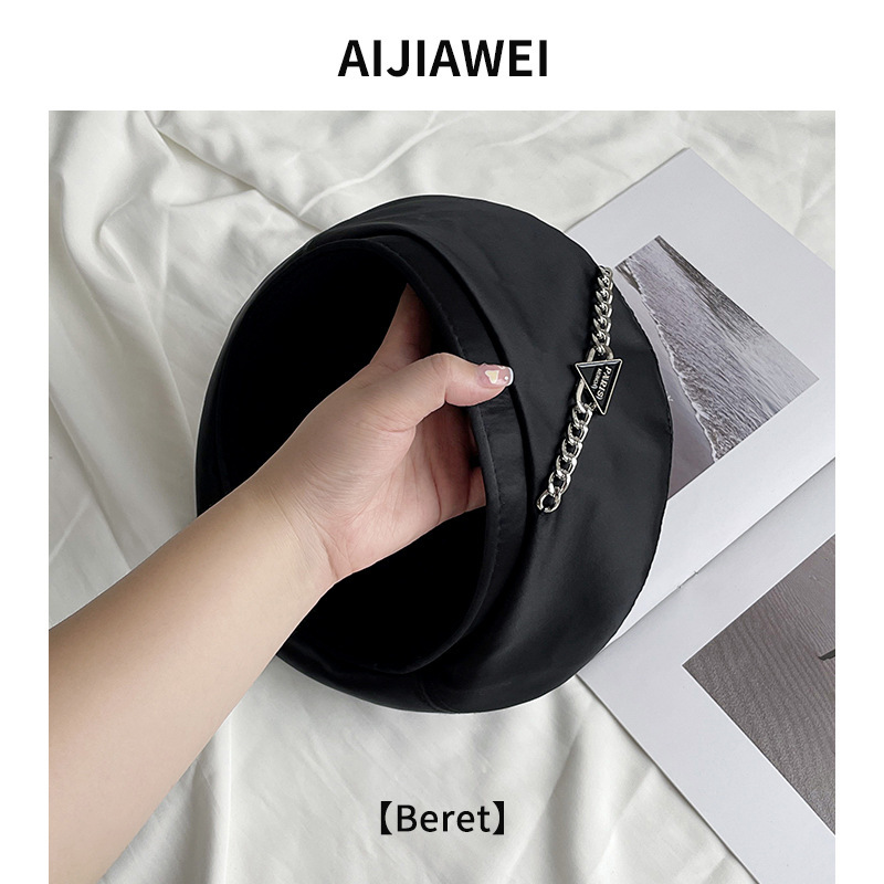 甜酷风链条薄款贝雷帽优雅显脸小百搭画家帽子网红大头围八角帽潮|undefined