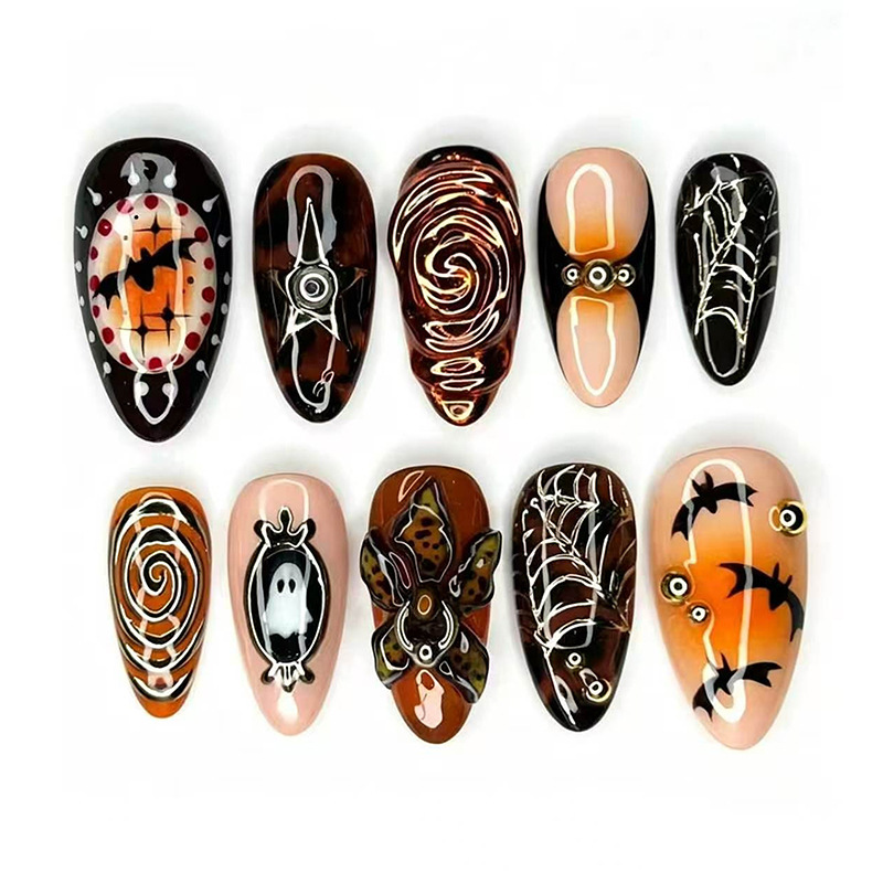 Cross-border Halloween hit 3D three-dimensional gilded ghost bat swirl pattern almond-shaped nail tips wholesale Cross-border Halloween hit 3D three-dimensional gilded ghost bat swirl pattern almond-shaped nail tips wholesale