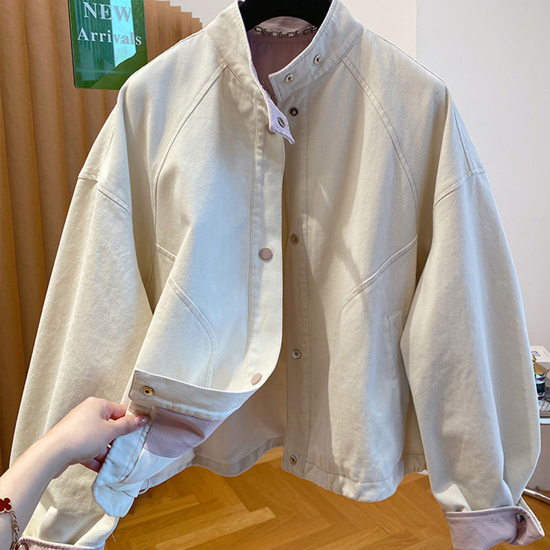 新款通勤长袖宽松版设计型的展现风格简练立领夹克外套米色|undefined