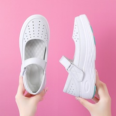 Spring and summer nurse shoes women's soft sole hollow breathable magic buckle straps genuine leather hospital work white shoes wholesale