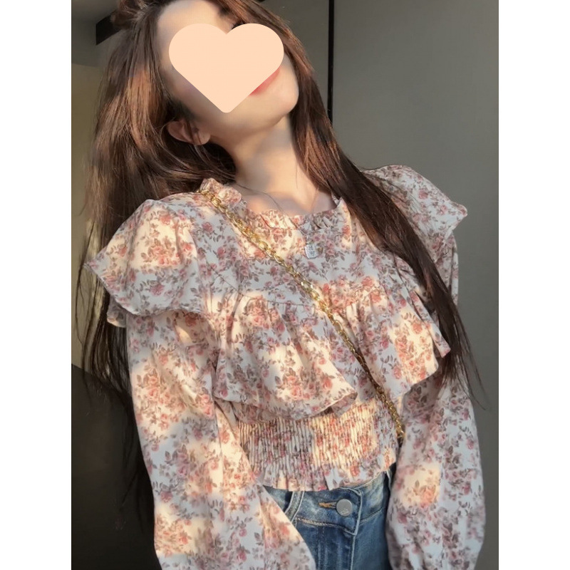 法式港风甜美碎花荷叶边拼接长袖衬衫女春季时尚通勤休闲套头上衣