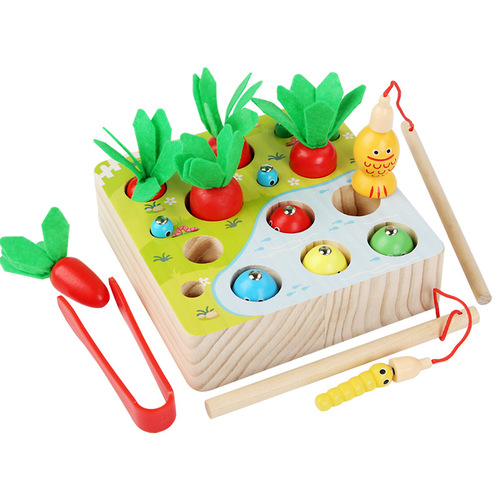 Wooden children's magnetic fun fishing, pulling radish and catching insects game early education hand-eye coordination hands-on educational toys
