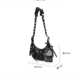 机车御姐mini铆钉流苏三合一月牙褶皱牛皮单肩斜挎女百搭小众包包