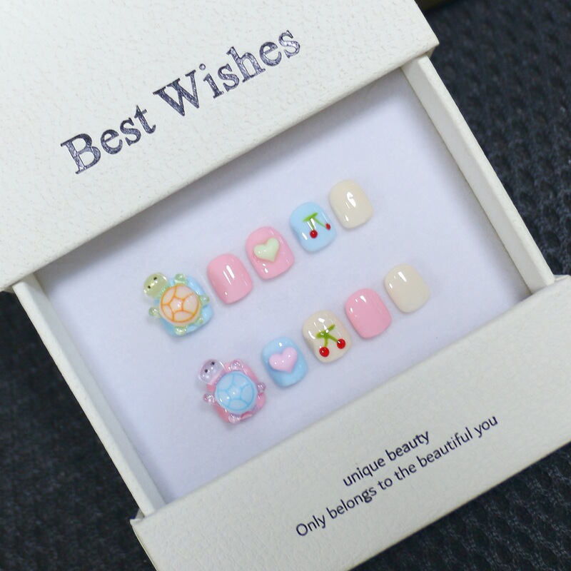 [Children's Wearable Nails] Purely Handmade Phototherapy Manicure Patches, Removable Cute Cartoon Turtle Fake Nails, Non-Toxic