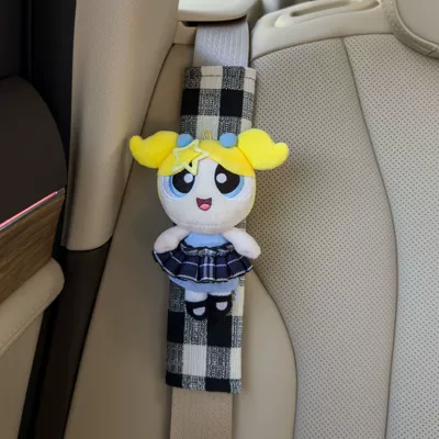 Car Goodies, Sürətlər qutusu və əl tormozu başlıqları - genuine-powerpuff-girls-shoulder-cover-black-checkered-burlap-yellow-hair-bubble-yellow-hair-clip-blue-skirt