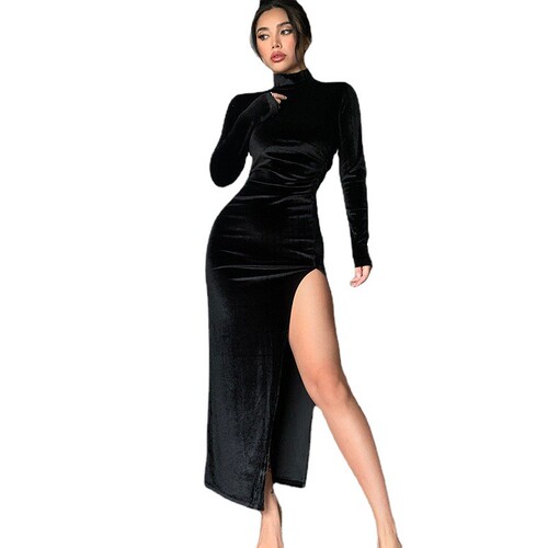 European and American Style Women's Autumn/Winter High Neck Velvet Long Dress with Tailoring and Slits