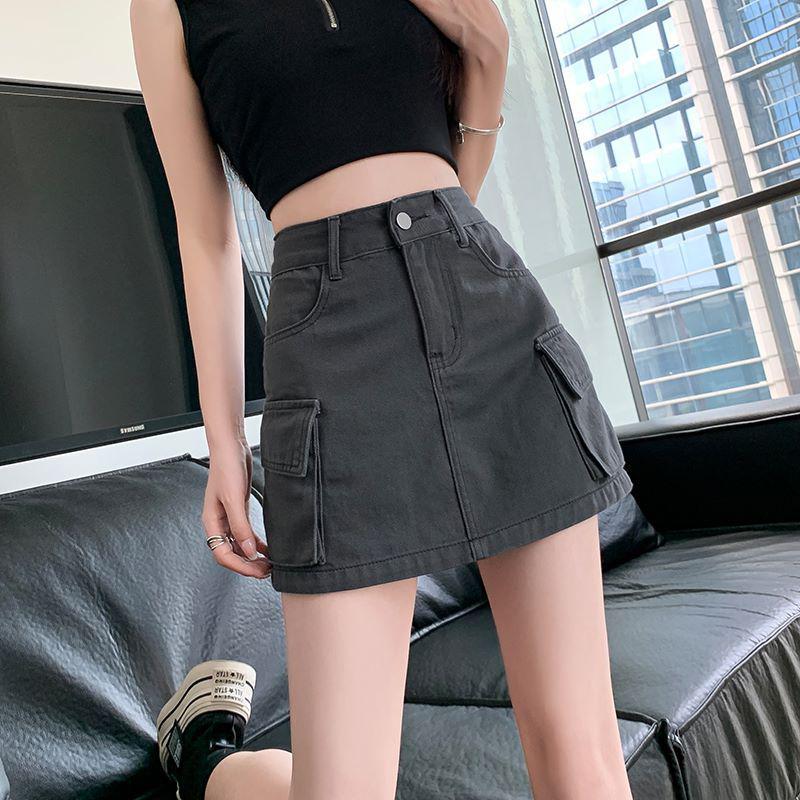 2026 Summer New Style A-Line Workwear Denim Skirt for Women, High-Waisted Anti-Exposure Gray Skirt for Petite Women