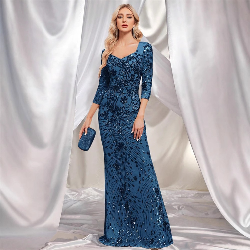 Cross-border European and American New Long-sleeved Sequin dress Dress Fishtail Slim-fit Fishtail Bridesmaid Banquet Evening Dress Cross-border European and American New Long-sleeved Sequin dress Dress Fishtail Slim-fit Fishtail Bridesmaid Banquet Evening Dress