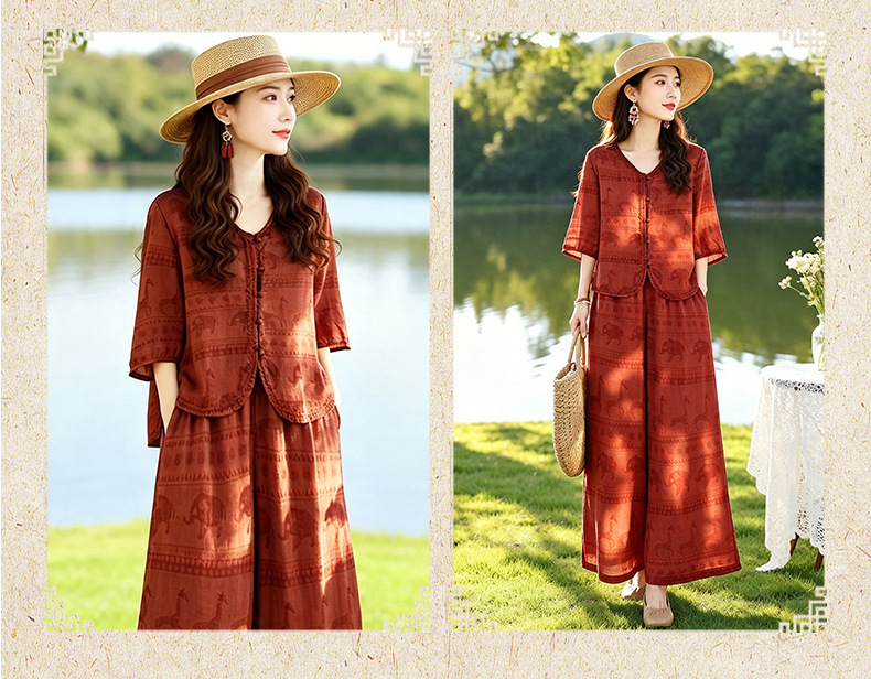 Bộ vest nữ hai mảnh V-neck sơ mi quần ống rộng mùa hè 2026 — Xanh lông mòng đen, màu đỏ chi tiết 8