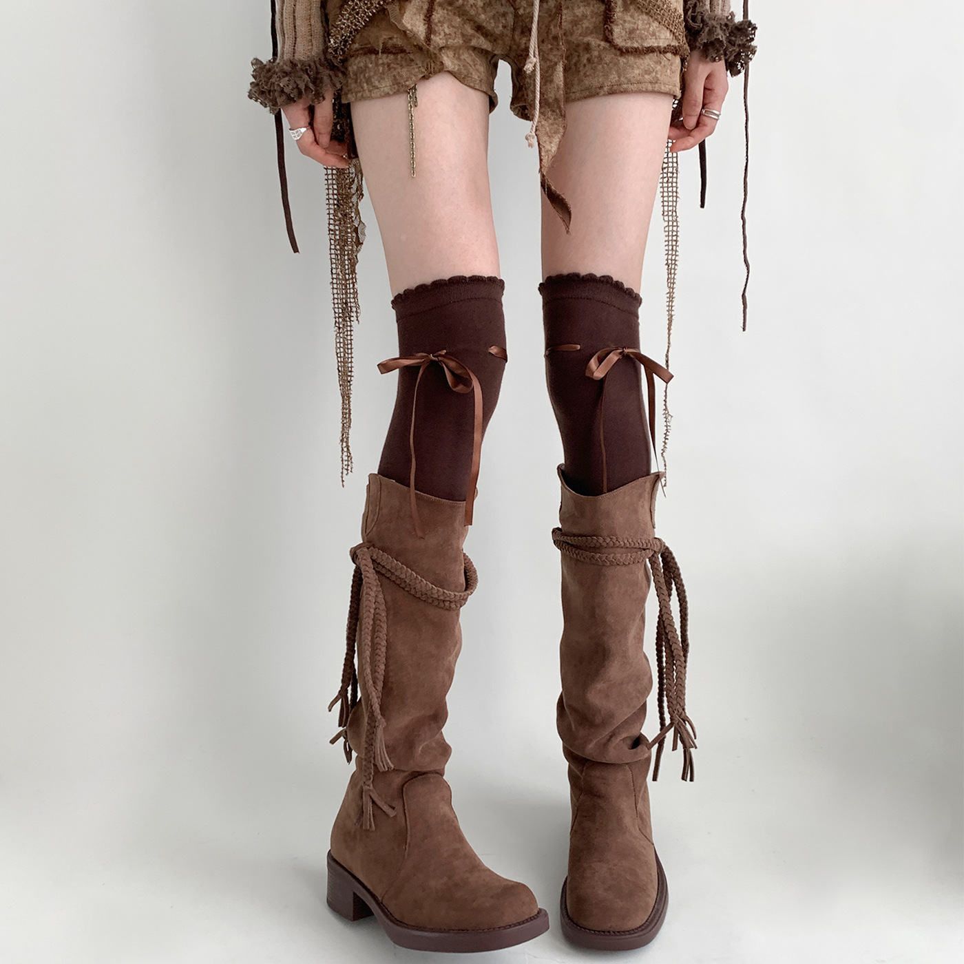 Calcetines de encaje por encima de la rodilla Calcetines de algodón Lolita pura leche blanca Medias de mujer estilo Ballet cinta costura