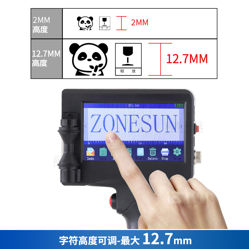 Zonesun impresora de inyección de tinta de mano inteligente pantalla táctil máquina de marcado de inyección de tinta plana convexa cóncava metal paño de codificación