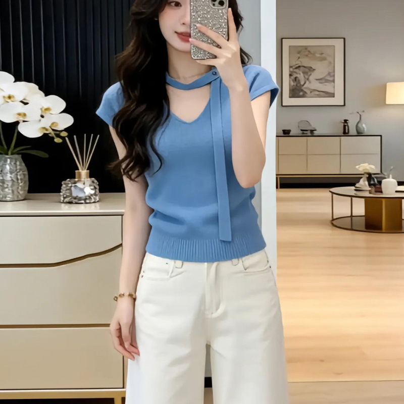 Design-Inspired Ribbon Short-Sleeve T-Shirt for Women, 2026 Summer Knitwear, Niche Style, Regular Shoulder Fit, Slim Blue Top, V-Neck Blouse Design-Inspired Ribbon Short-Sleeve T-Shirt for Women, 2026 Summer Knitwear, Niche Style, Regular Shoulder Fit, Slim Blue Top, V-Neck Blouse