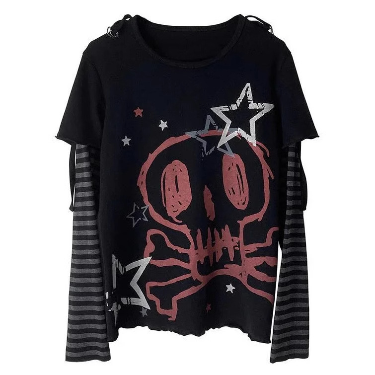 Yabi Punk Millennium Print Long-sleeved Fake Two-piece T-shirt y2k Harajuku Rock Loose Casual Hot Girl Top Women's Trendy Yabi Punk Millennium Print Long-sleeved Fake Two-piece T-shirt y2k Harajuku Rock Loose Casual Hot Girl Top Women's Trendy