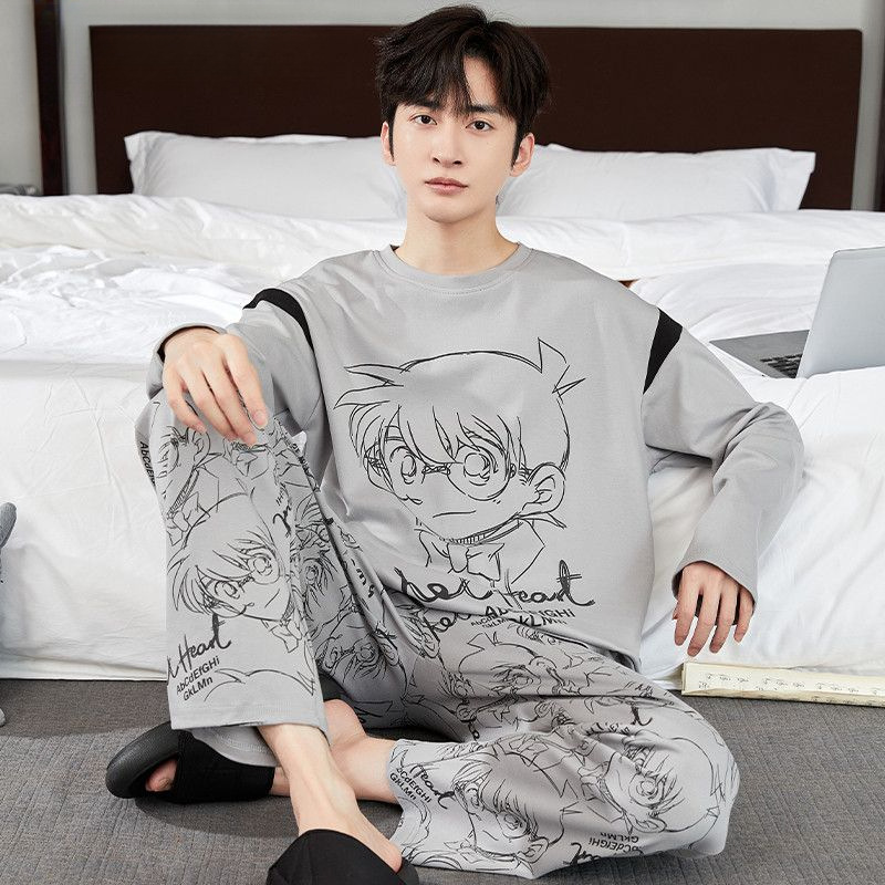New Cotton Pajamas for Men Spring and Autumn Long-Sleeved Cotton Thin Men's Teenagers Autumn and Winter College Students Husband