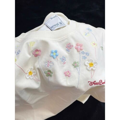 2025 summer new slim fit slim embroidered three-dimensional flower round neck short-sleeved top