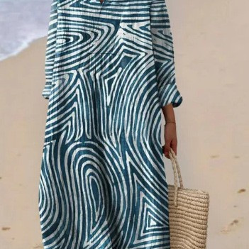 Summer New Fashion European and American Floral Print V-Neck Long-Sleeve Women's Plus-Size Dress for Cross-Border E-Commerce