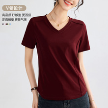 2026夏季新款V领鱼骨短袖t恤女正肩修身外穿罗纹棉打底设计感上衣