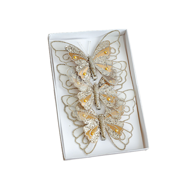 Nuevos productos de decoración de Navidad mariposa árbol de Navidad clip colgante polvo flash de malla de simulación colgante vacío decoración en stock