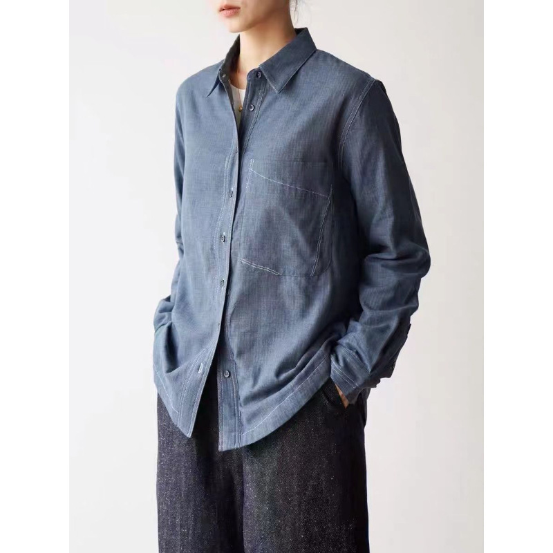 Japanese-Style Commuter Simple Yarn-Dyed Double-Layer Gauze 100% Cotton Color-Block Small Square Collar Stylish Shirt Top for Women Japanese-Style Commuter Simple Yarn-Dyed Double-Layer Gauze 100% Cotton Color-Block Small Square Collar Stylish Shirt Top for Women