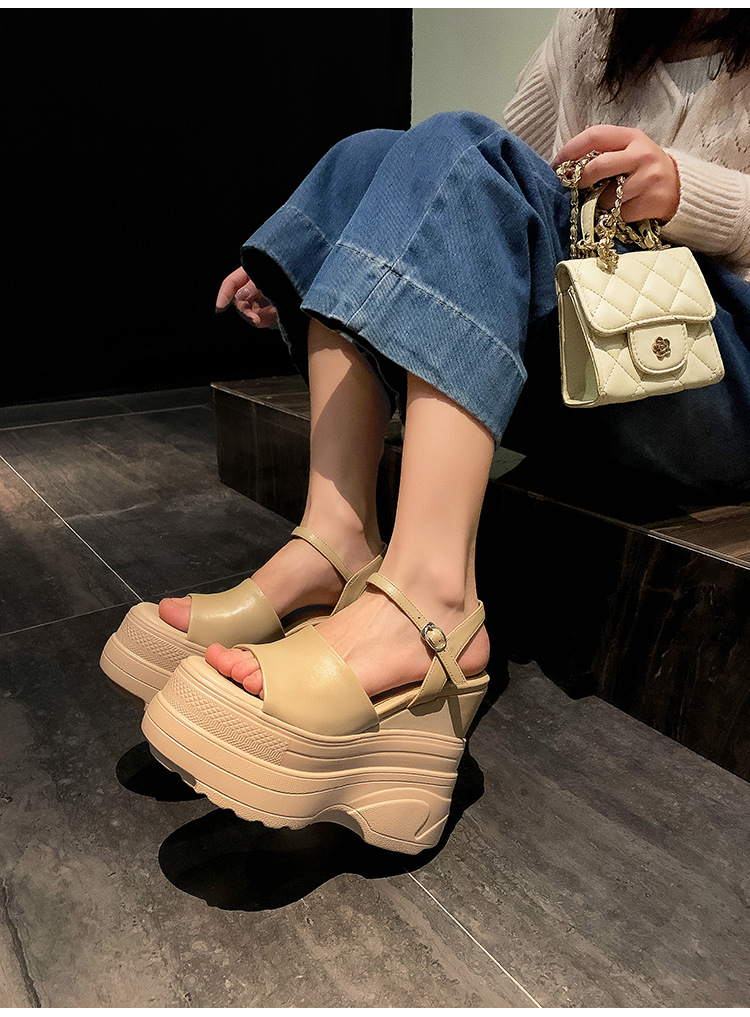 Sandal nữ đế dày da bò cao gót 14 cm phong cách La Mã — màu đen, màu trắng, màu mơ chi tiết 12