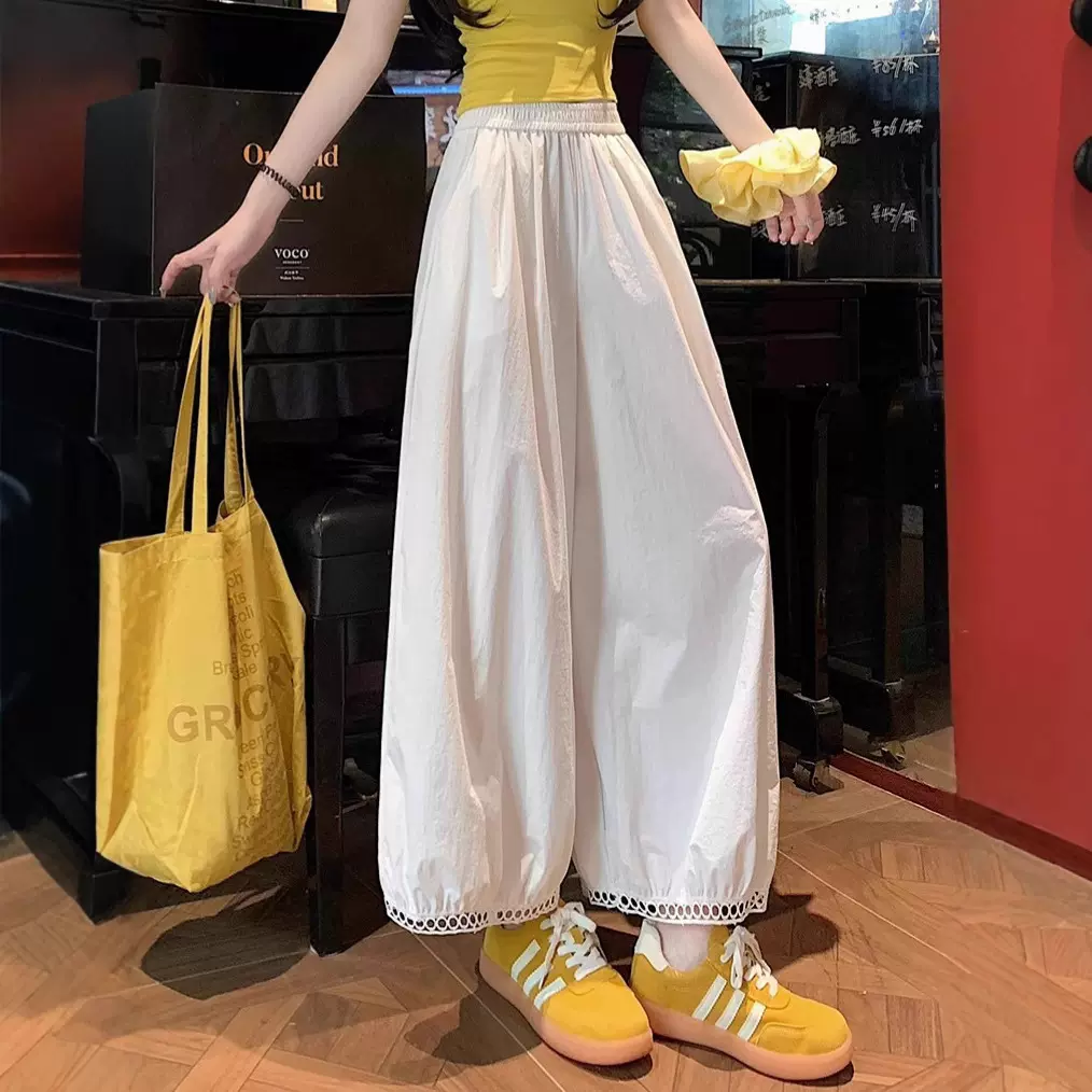 白色冰丝镂空休闲裤女松紧高腰宽松阔腿裤夏季速干花边九分灯笼裤
