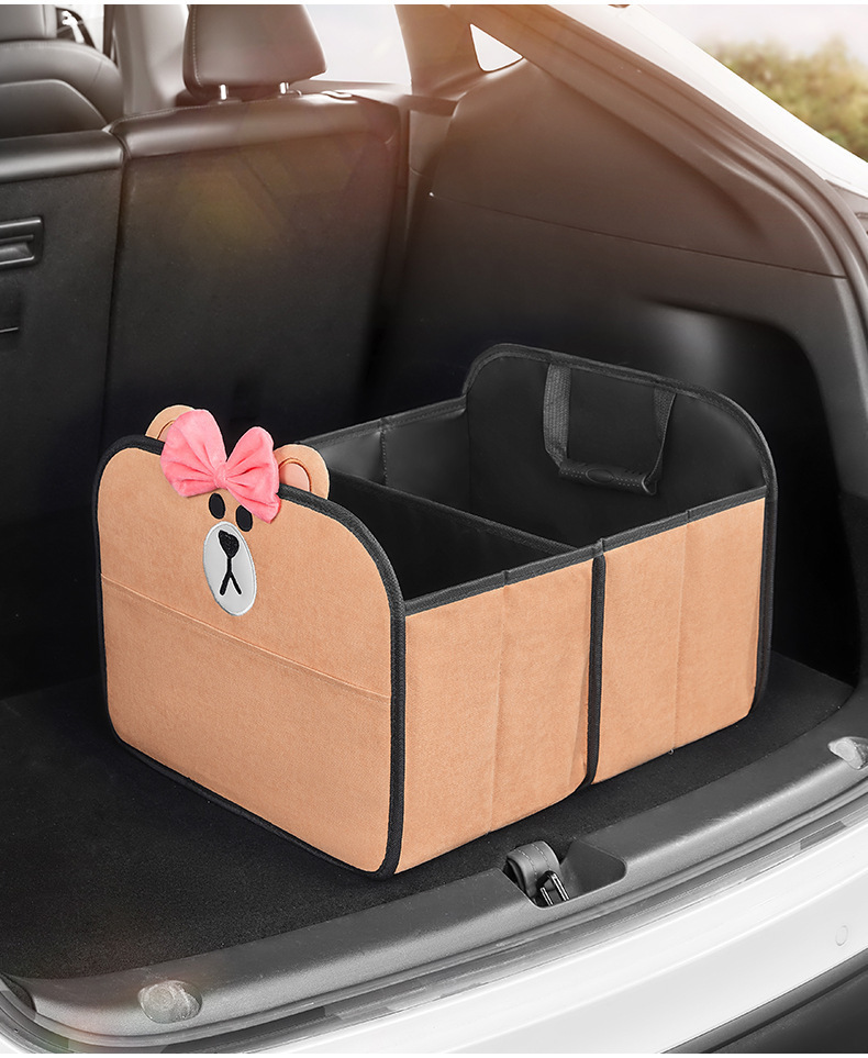 Line Brown Car Trunk Storage Box Cartoon Multi-Functional Folding Storage Box Large Capacity Car Storage Box