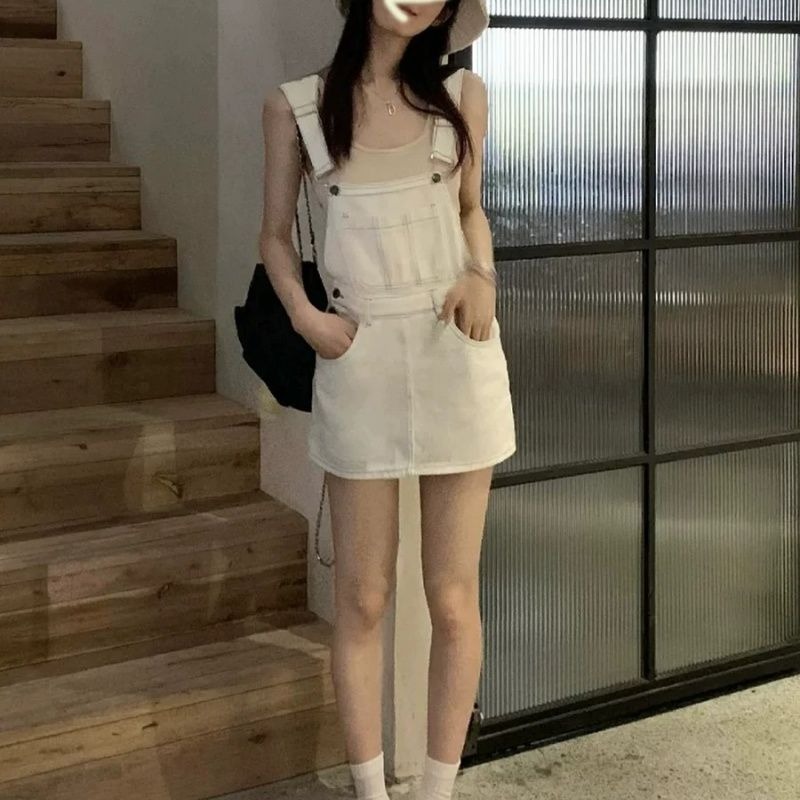 百搭少女风白色牛仔背带短裙女2026夏季减龄小个子多口袋工装短裙
