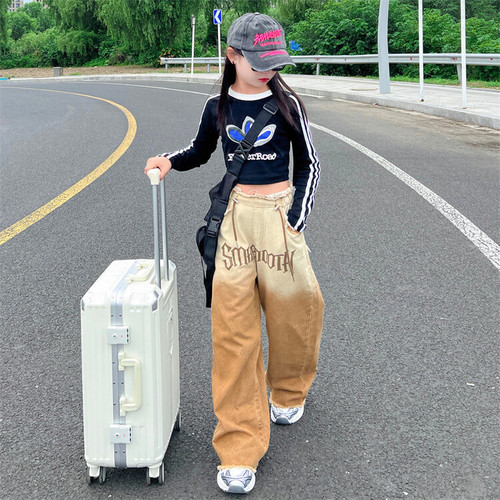 Cross-border wholesale Korean-style wide-leg colored denim jeans for children in spring and autumn, trendy and fashionable street-style.