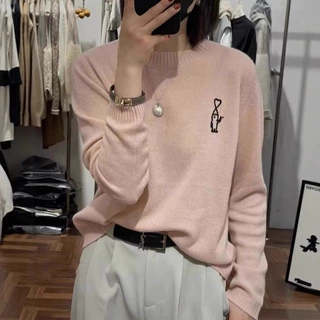圆领小人偶刺绣羊毛衫女宽松套头时尚毛衣纯色慵懒针织打底上衣