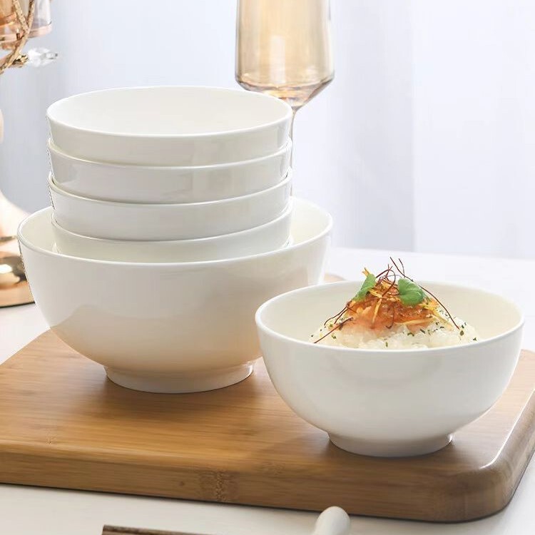 Tangshan Bone China Small Bowl, European-Style Light Luxury Pure White Minimalist Household Ceramic Tableware, Large Soup Bowl, Noodle Bowl, Rice Bowl