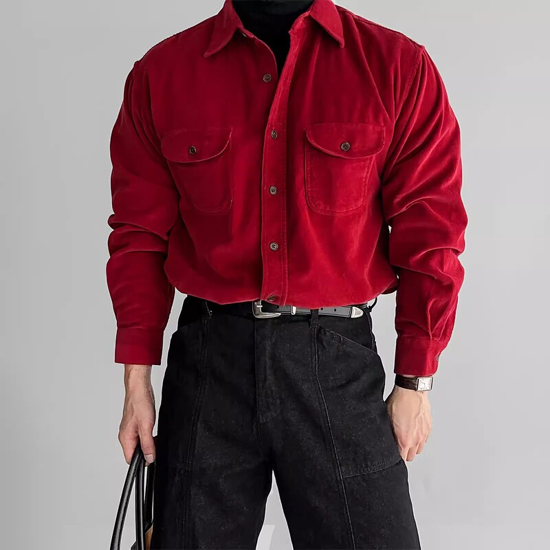 Men's Burgundy Corduroy Long-Sleeve Shirt with a Flap Pocket, Festive Engagement Retro Mature Style Shirt