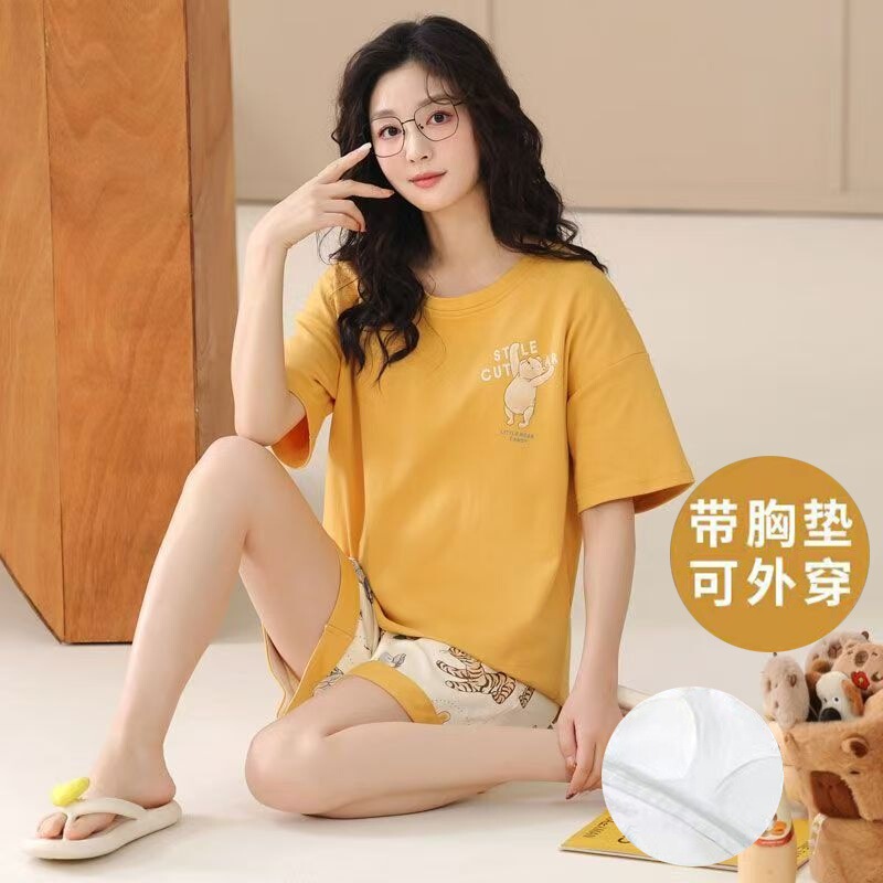 New Summer Pajamas Women's Pure Cotton Short-sleeved Shorts with Chest Pad Pure Cotton Thin Round Neck Cute Dormitory Outer Wear suit