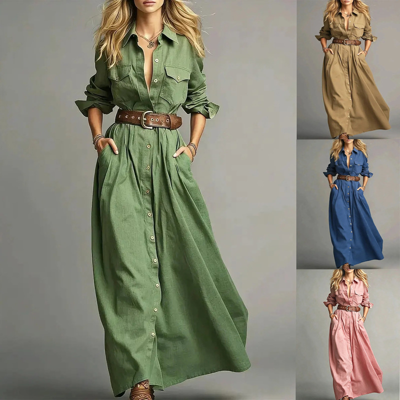 2026 Amazon European and American cross-border women's clothing: solid-color, elegant long-sleeved button-down shirt dress 2026 Amazon European and American cross-border women's clothing: solid-color, elegant long-sleeved button-down shirt dress