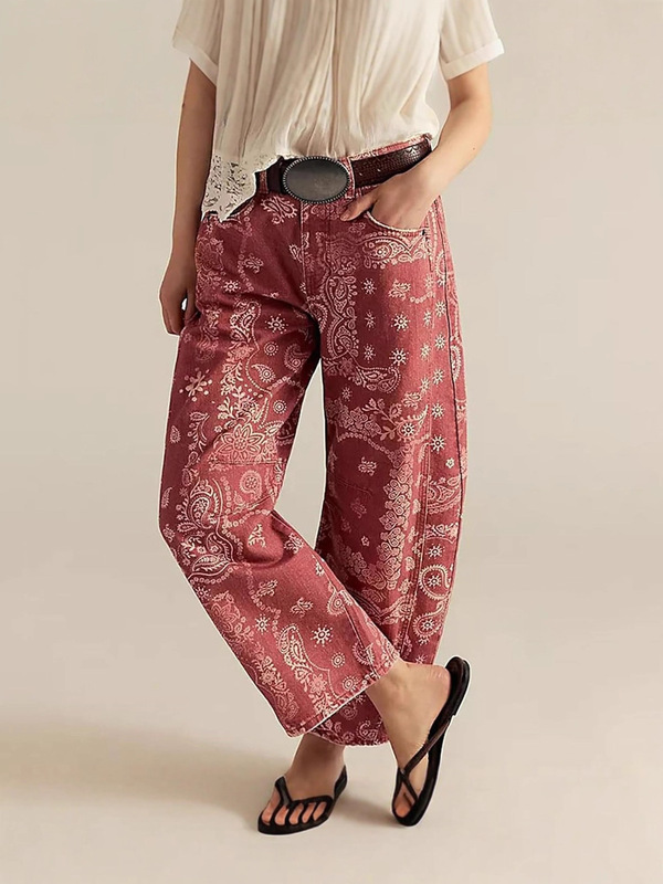 2025 Autumn Winter Women's Loose Jeans Floral Printed Denim Cropped Pants Wide Leg Mid Waist Jeans Y2K