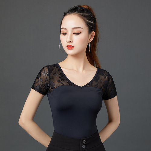 Fashionable lace dance dance clothes square dancer adult Latin dance top dance costume black mid-sleeve
