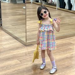童裝女童連衣裙2024夏裝甜美糖果色格子蝴蝶繫結吊帶裙棉布公主裙