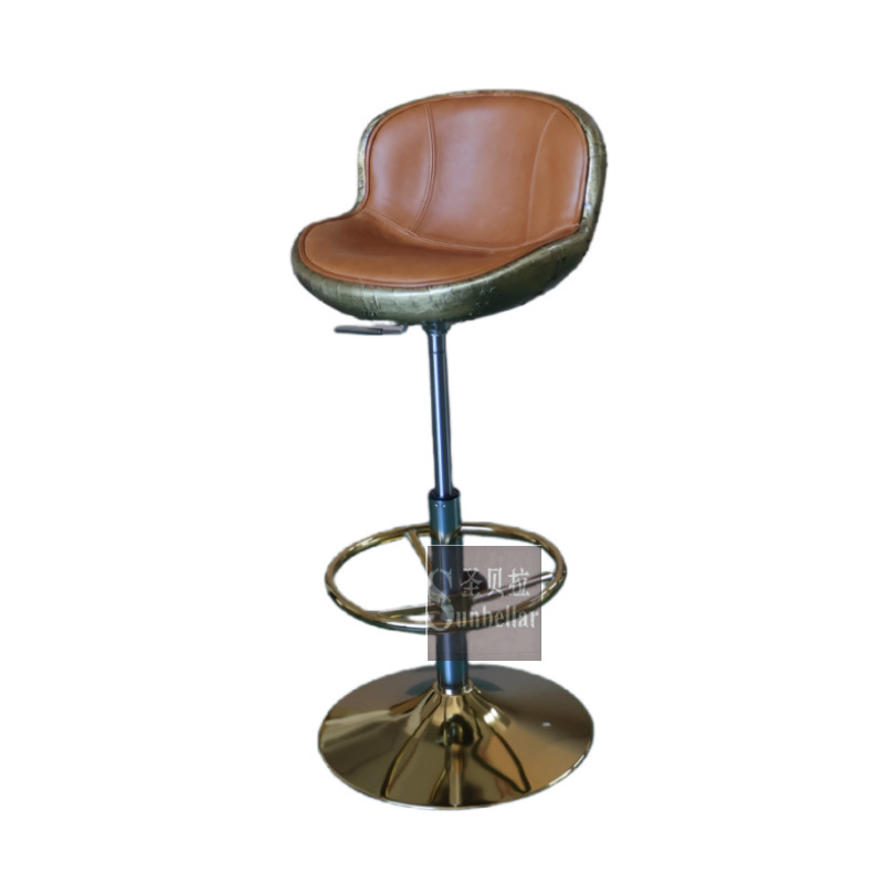 European and American Retro Industrial Style Rotating Bar Chair Liftable Bar Chair Antique First Layer Cowhide Gold Copper Sheet Distressed