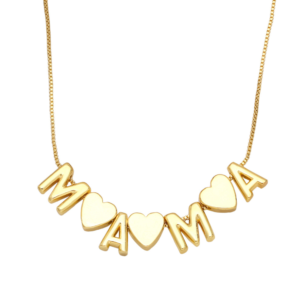 Fashion Letter Mama Mom Pendant Heart Copper 18K Gold-plated Inlaid Color Zircon Necklace