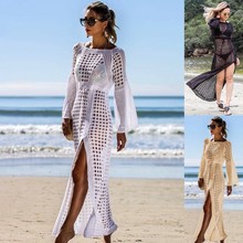 跨境爆款欧美针织钩花性感镂空沙滩裙度假长裙比基尼外罩衫防晒衫