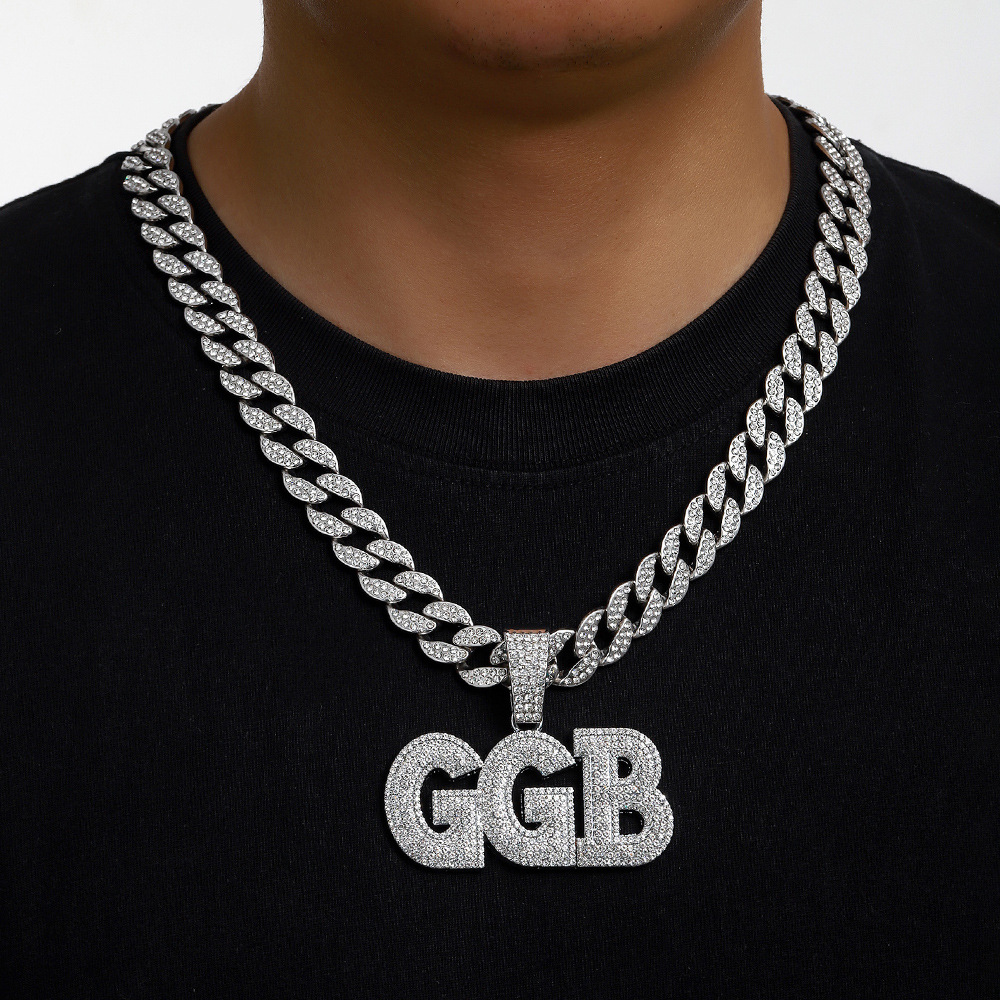 Nuevo colgante con combinación de letras GGB de gran tamaño estilo hip-hop, adornado con diamantes, collar cubano, accesorio personalizado.
