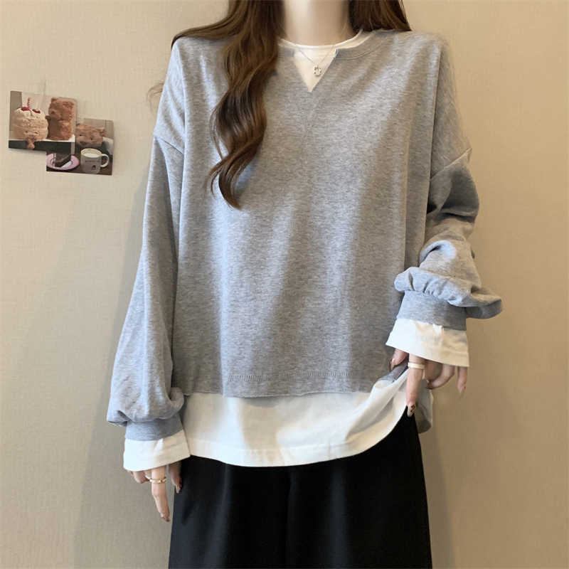 European and American Real Shot Fake Two-piece Sweatshirt Women's Cotton Women's Loose South Korea Thin Spring Autumn Winter plus size Internet Celebrity Hair