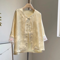 高級感のある黄色の新しい中国式のコートの女性の夏の薄い金の7分の袖のシミュレーションのシルクのカーディガンの外は禅の意の上着のサテンを掛けます。