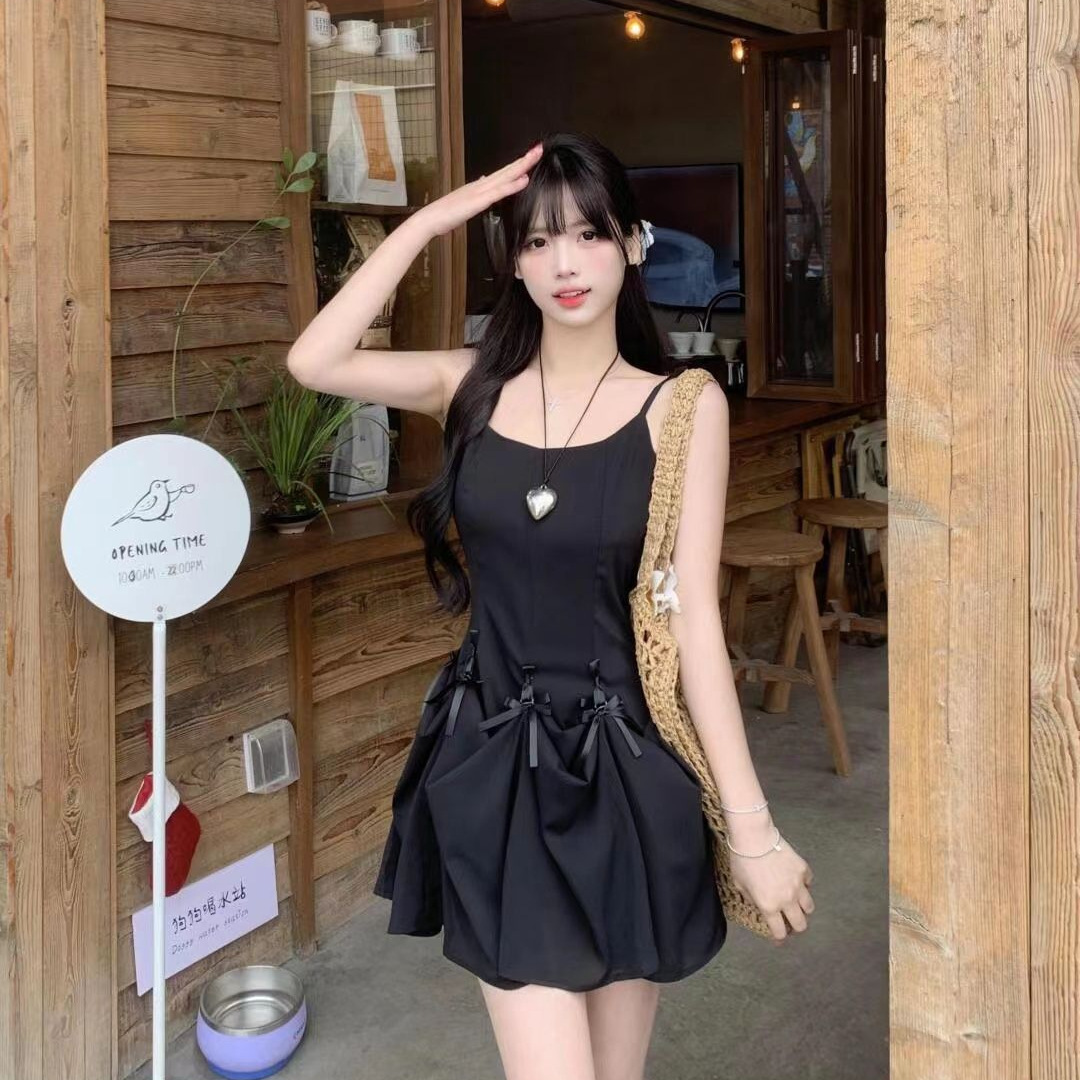A Sweet Peony Butterfly Bow Medium-Length Strap Dress 2025 Slimming Waist Workover Dress