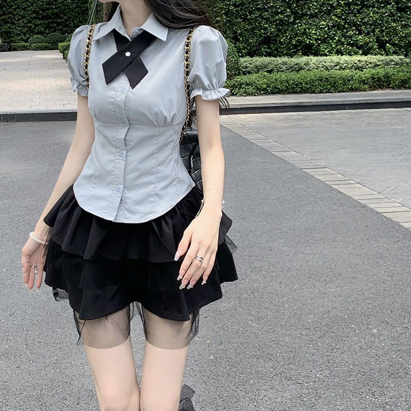 French-style polo collar short-sleeve shirt for women, 2026 summer new slim-fit bow tie shirt, unique design top French-style polo collar short-sleeve shirt for women, 2026 summer new slim-fit bow tie shirt, unique design top