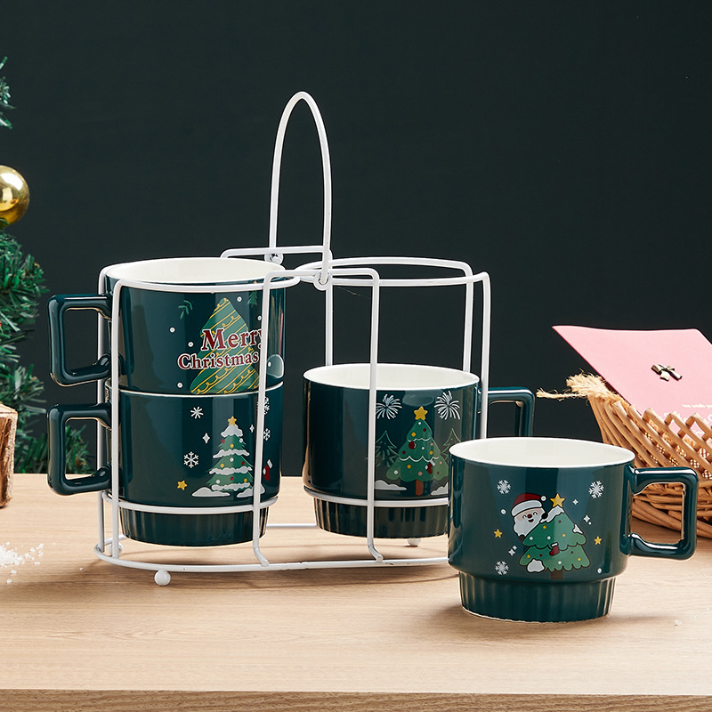 Amazon Venta caliente Navidad taza imprimible logotipo Taza de cerámica con estante Navidad regalo traje al por mayor